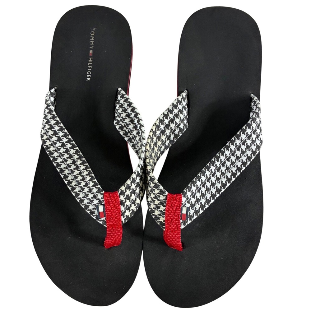 Tommy Hilfiger Womens Flip Flop Sandals Black Houndstooth Red Trim TW-CAMRY-X 9M